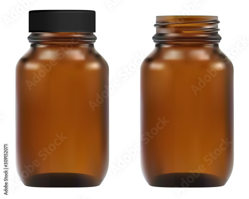 Brown glass medical bottle. Apothecary container illustration. Pharmacy pill amber vial 3d template design. Transparent packaging for essential oil. Black screw plastic cap transparent storage