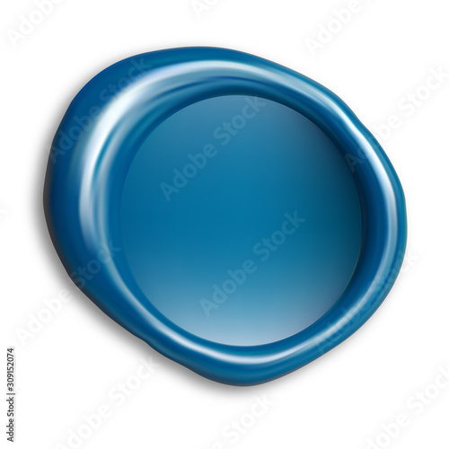 Blue wax stamp. Seal mockup vector illustration. Round warranty stamp for confidential documents. Old postal emboss cartoon symbol. Abstract postmark office badge. Realistic circle mark