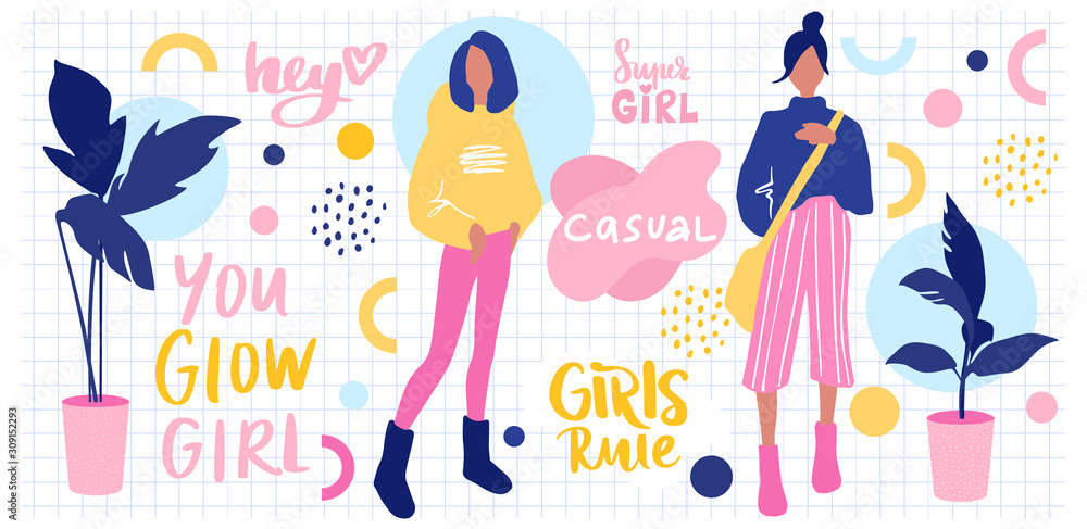 Set with Stylish girls and hand lettering. Bright Stickers collection. Set with Stylish girls and hand lettering. Bright Stickers collection.