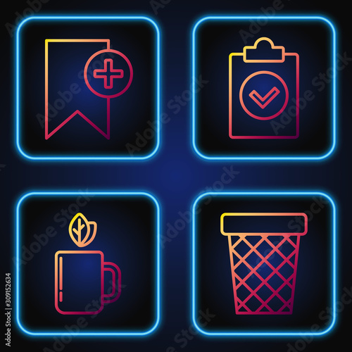 Set line Trash can, Cup of tea and leaf, Bookmark and Completed task. Gradient color icons. Vector