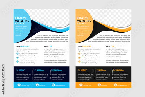 Flyer, brochure, poster, annual report, magazine cover vector template. Modern corporate design. photo space, one flyer is combination light and dark blue. the other one combination orange and black
