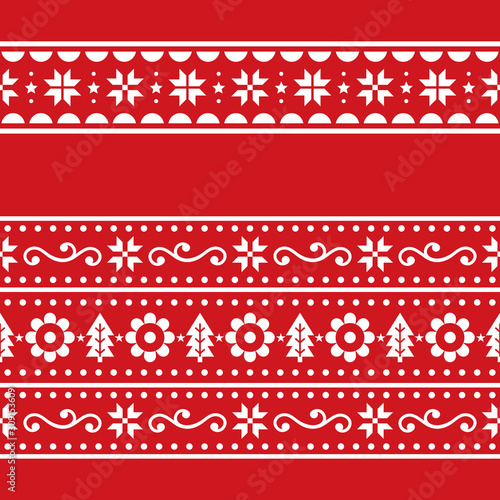 Christmas Scandinavain folk art vector repetitive seamless pattern set, Nordic festive two repetitive designs with snowflakes, flowers, Xmas trees 