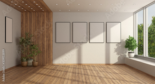 Empty minimalist living room with large window photo
