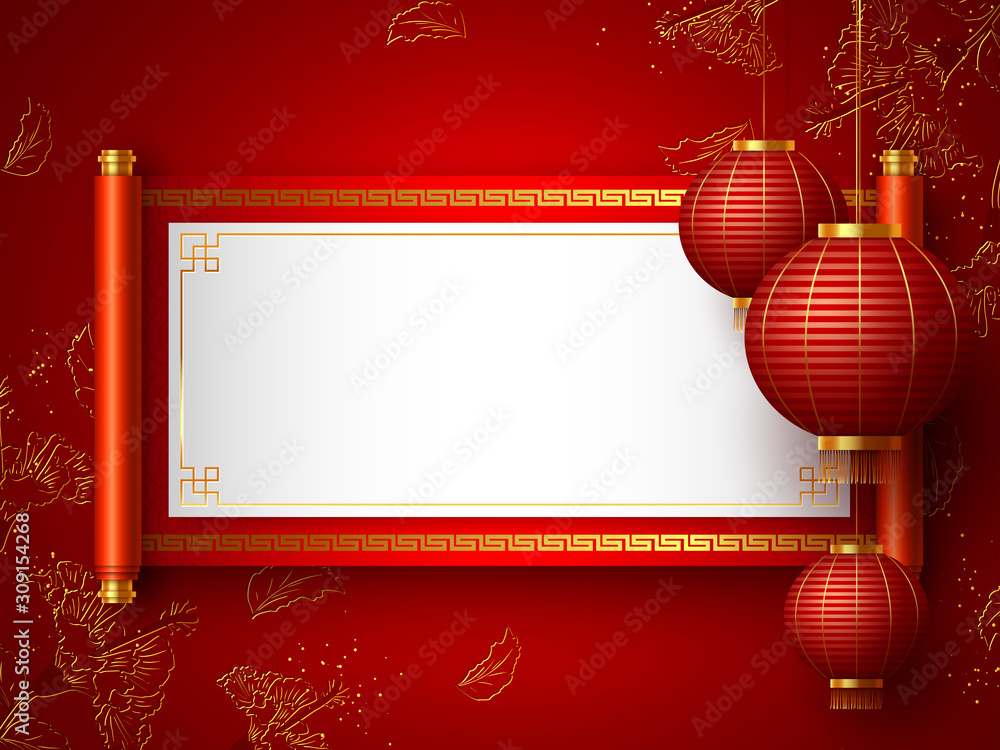 Chinese New Year banner. Chinese red scroll with copy space and hanging  lanterns. Traditional chinese floral background. Vector. Stock Vector |  Adobe Stock