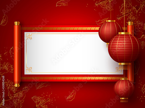 Chinese New Year banner. Chinese red scroll with copy space and hanging lanterns. Traditional chinese floral background. Vector.