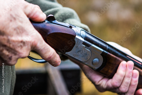 Loaded hunting gun, clay pigeon shooting, Aviemore, Scotland, UK