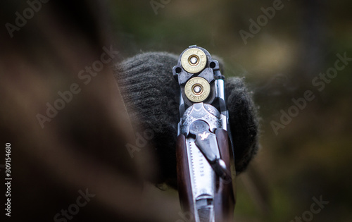 Loaded hunting gun, clay pigeon shooting, Aviemore, Scotland, UK