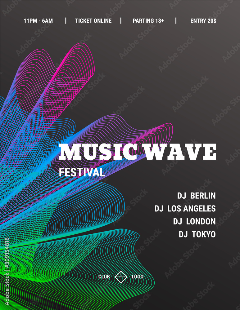 DJ Music Party Poster set, abstract vector banner collection. Colored Wave  on black background, design template for invitation, flyer, web Stock  Vector | Adobe Stock
