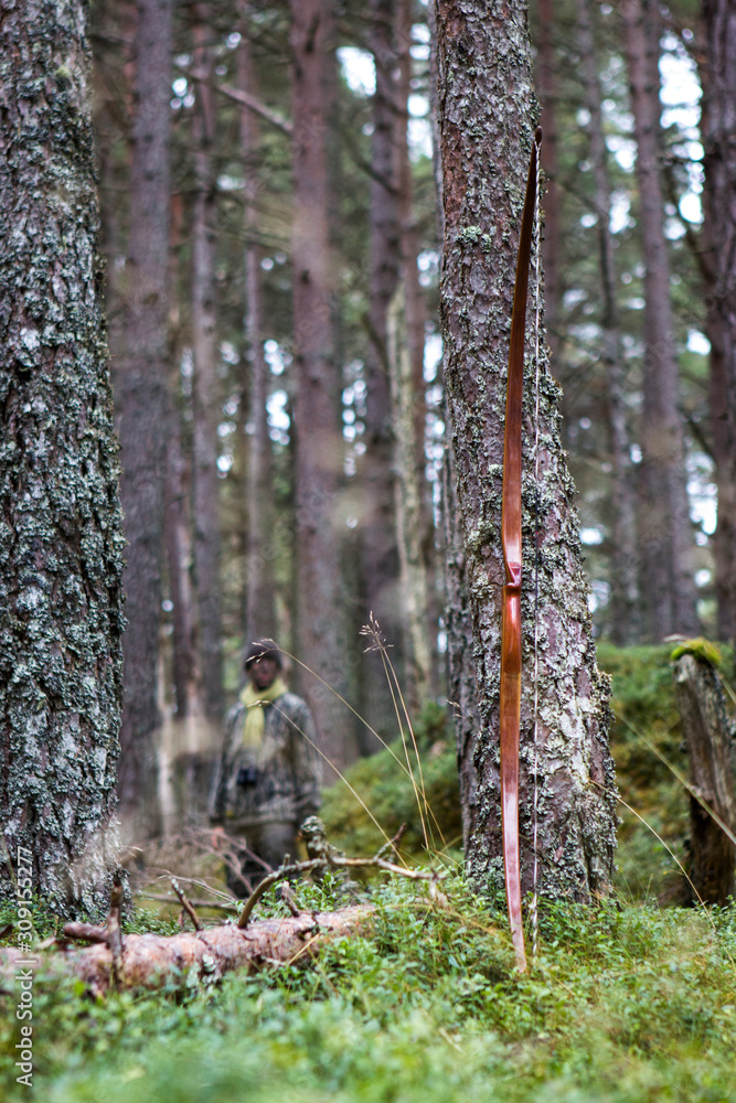 Bow against tree and hunter in the distance, Aviemore, Scotland, United Kingdom. Bow against tree and hunter in the distance, Aviemore, Scotland, United Kingdom.