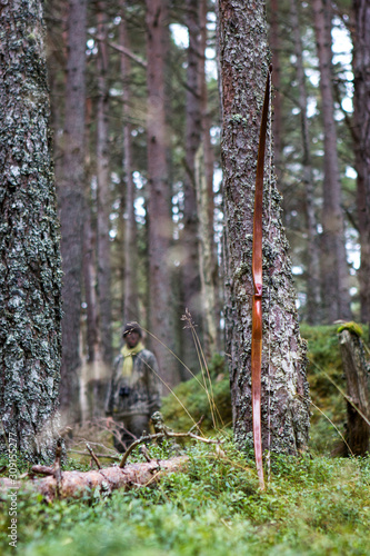 Bow against tree and hunter in the distance, Aviemore, Scotland, United Kingdom.