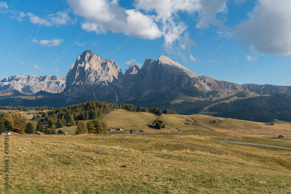 Beautiful Landscapes on Alpe di Siusi with Mountains in background in autumn, South Tyrol, Italy
