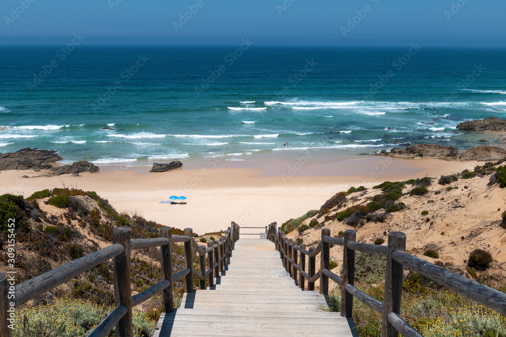 View of the scenic Malhao Beach (Praia do Malhao) in Porto Covo, in Alentejo, Portugal.