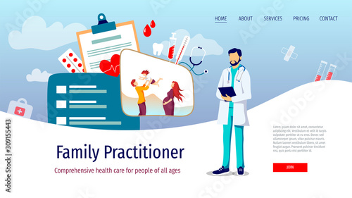 Web page design template for family doctor, practitioner, medicine clinic, polyclinic, healthy care. Medical vector illustration for website, poster, banner, presentation.