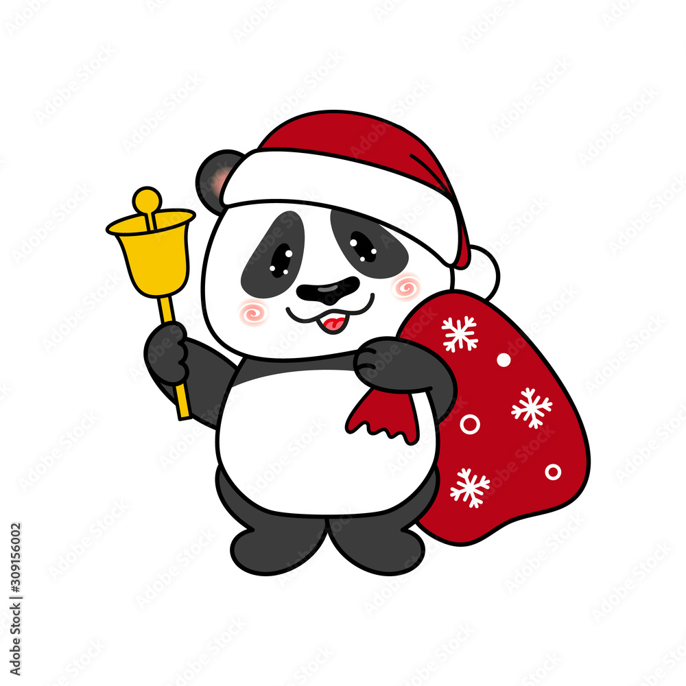 Merry Christmas and Happy New Year Panda Bear With Christmas Bell and Gift Bag. Merry Christmas and Happy New Year Panda Bear With Christmas Bell and Gift Bag.