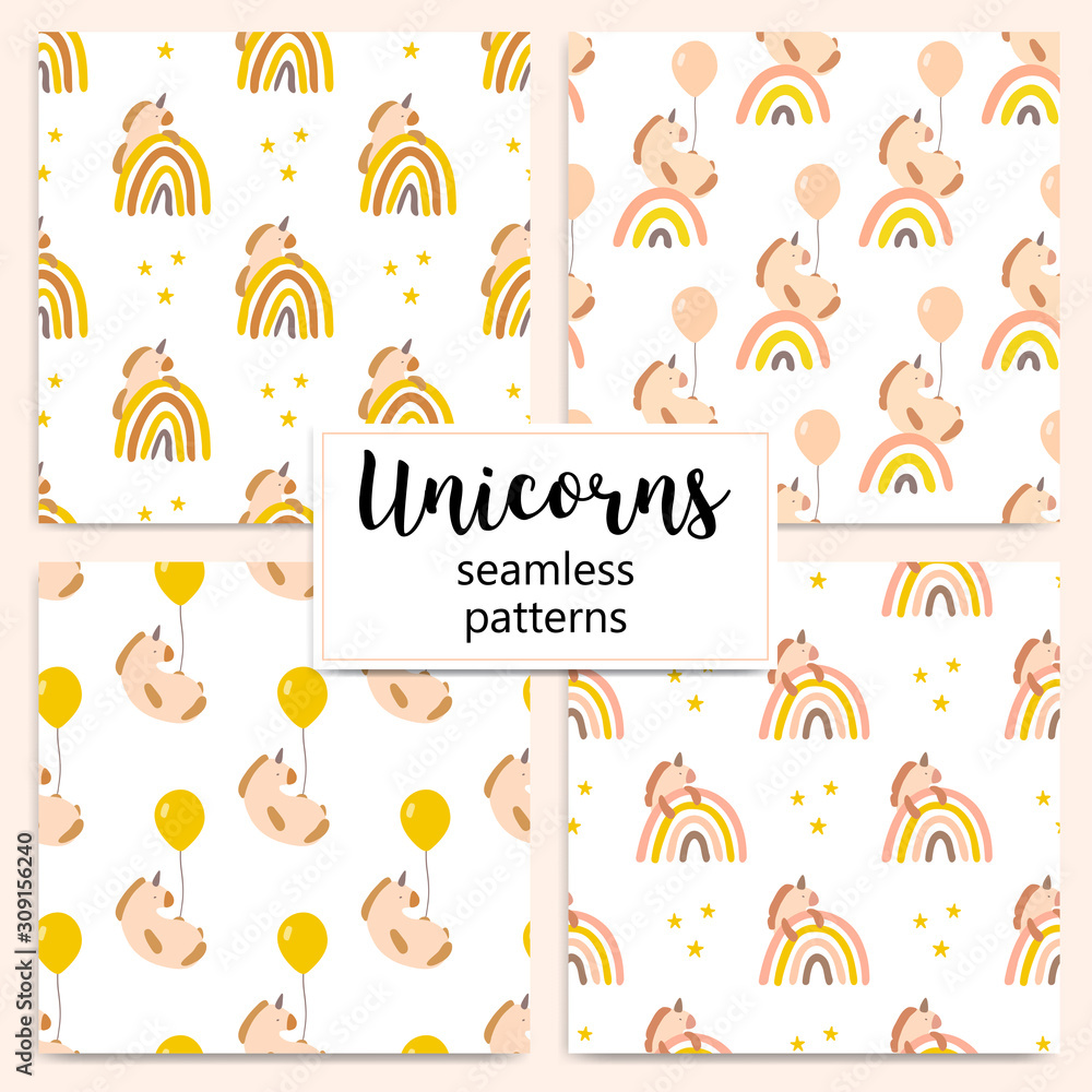 Set of cute seamless vector patterns with unicorns. A collection of illustrations in delicate shades.