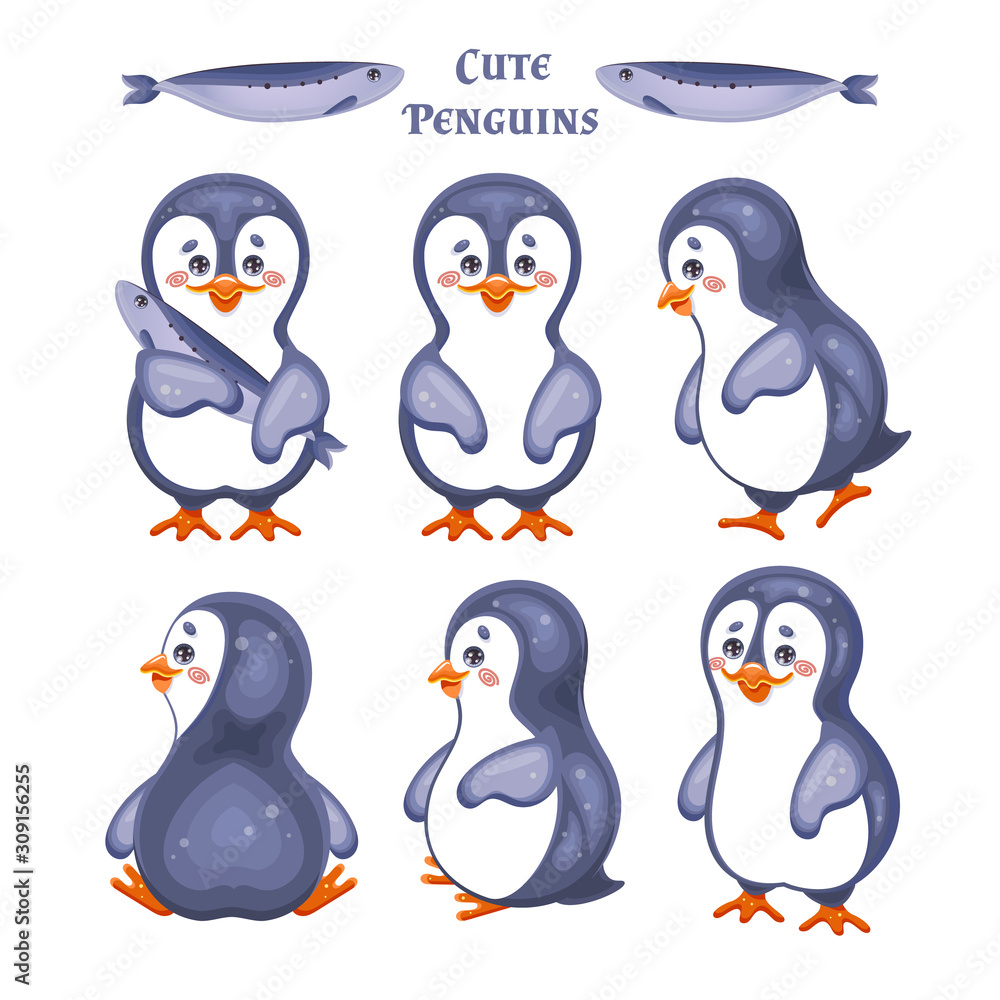 Fototapeta premium Cute Penguins Set Raster Illustration.