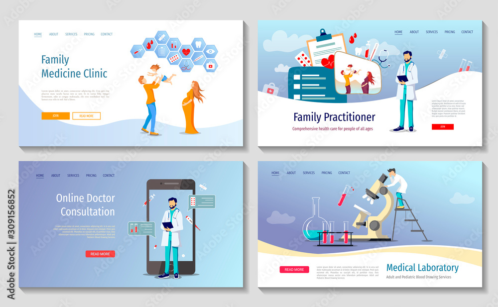 Set of web page design templates for Laboratory diagnostic, Family doctor, Online doctor consultation, Medicine clinic and health care. Vector illustration for poster, banner, website, presentation.