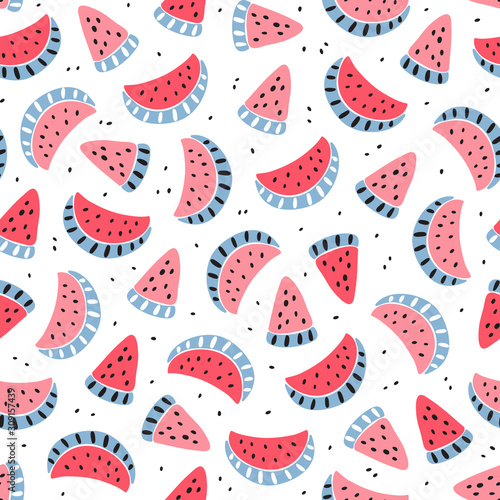 Fruit Background with Watermelons. Abstract Seamless Pattern with Watermelon Slices. Colorful Tropical Fruits Wallpaper. Healthy Summer Food Background