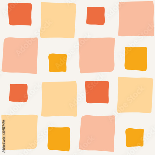 Hand drawn irregular color blocks in orange, pastel yellow and pink. Seamless geometric vector pattern on light background. Relaxed vibe. Great for wellness, summer products, stationery, packaging