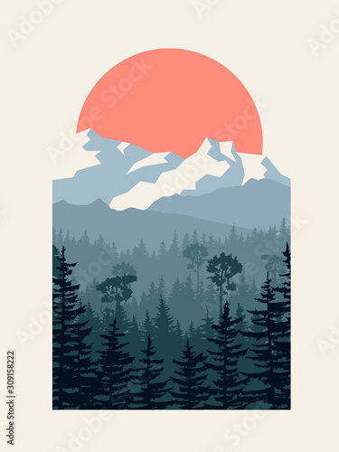 Vertical illustration of winter coniferous forest with mountains.