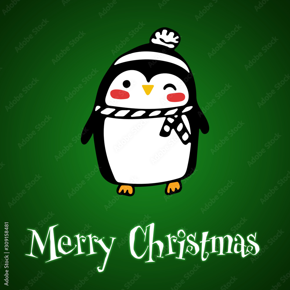 Christmas Cute Little Penguin with Santa s Cap. Christmas cute animal cartoon character. Winter green gradient background. Christmas Cute Little Penguin with Santa s Cap. Christmas cute animal cartoon character. Winter green gradient background.
