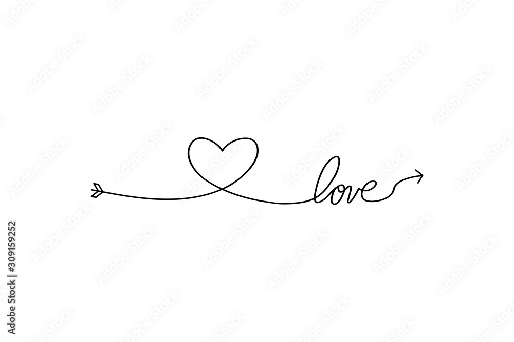 Cupid s arrow in the continuous drawing of lines in the form of a heart and the text love in a flat style. Continuous black line. Work flat design. Symbol of love and tenderness. Cupid s arrow in the continuous drawing of lines in the form of a heart and the text love in a flat style. Continuous black line. Work flat design. Symbol of love and tenderness.