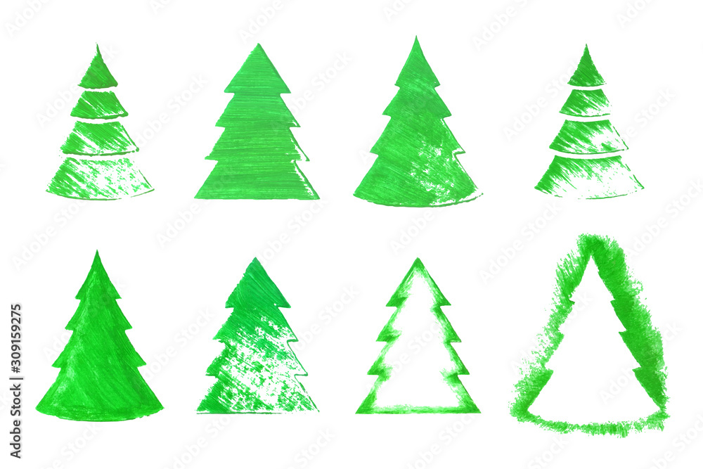 Set of realistic green paint christmas trees Set of realistic green paint christmas trees