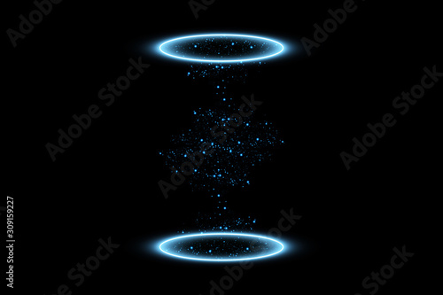 Futuristic teleport. Magic fantasy portal. Light effect. Blue candles rays of a night scene with sparks on a black background. Empty light effect of the podium. Disco club dancefloor.