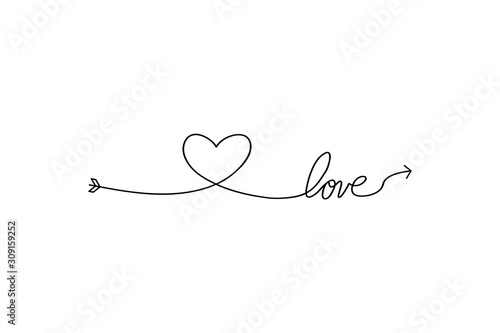 Cupid s arrow in the continuous drawing of lines in the form of a heart and the text love in a flat style. Continuous black line. Work flat design. Symbol of love and tenderness.
