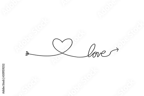 Cupid s arrow in the continuous drawing of lines in the form of a heart and the text love in a flat style. Continuous black line. Work flat design. Symbol of love and tenderness.