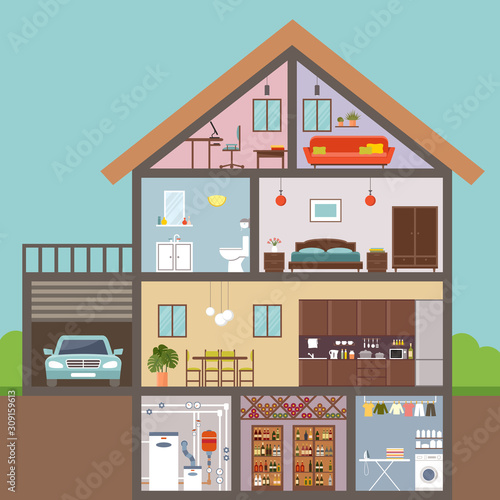 House in cut. Interior. Vector Illustration