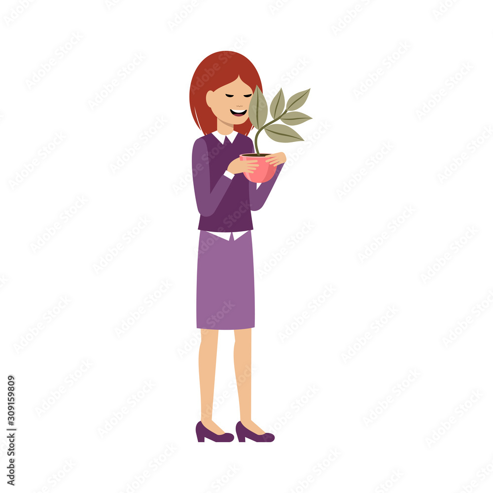 Young woman holds a domestic plant. Vector illustration Young woman holds a domestic plant. Vector illustration