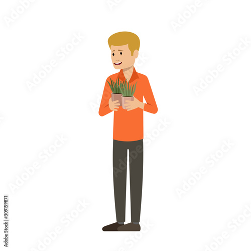 Young man holds a domestic plant. Vector illustration