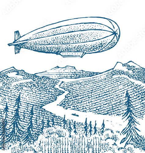 Dirigible or Zeppelin on the background of the meadow in vintage style. Balloon airship sketch. Country landscape for poster, postcard, banner. Hand drawn engraved monochrome vector illustration.