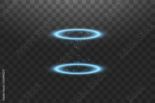 Futuristic teleport. Magic fantasy portal. Light effect. Blue candles rays of a night scene with sparks on a transparent background. Empty light effect of the podium. Disco club dancefloor.