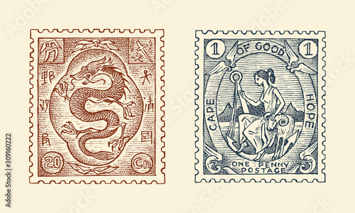 Vintage Postage stamp for album. Red japanese dragon. Retro old Sketch. Monochrome Postcard sticker. Hand drawn engraved retro mark, travel label. Decoration Element for print banner and logo.