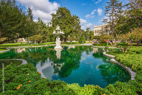 View to Dolmabahce palace surrounded by beautiful park. Istanbul, Turkey photo