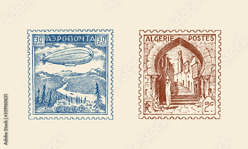Vintage Postage stamp for album. Ancient landscapes. Retro old Sketch. Monochrome Postcard sticker. Hand drawn engraved retro mark, travel label. Decoration Element for print banner, poster and logo.