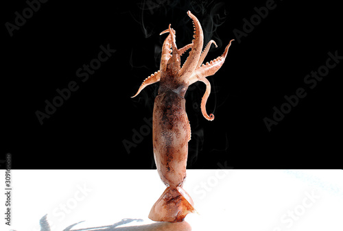The squid with hot smoke placed vertically on a white table on a black background.