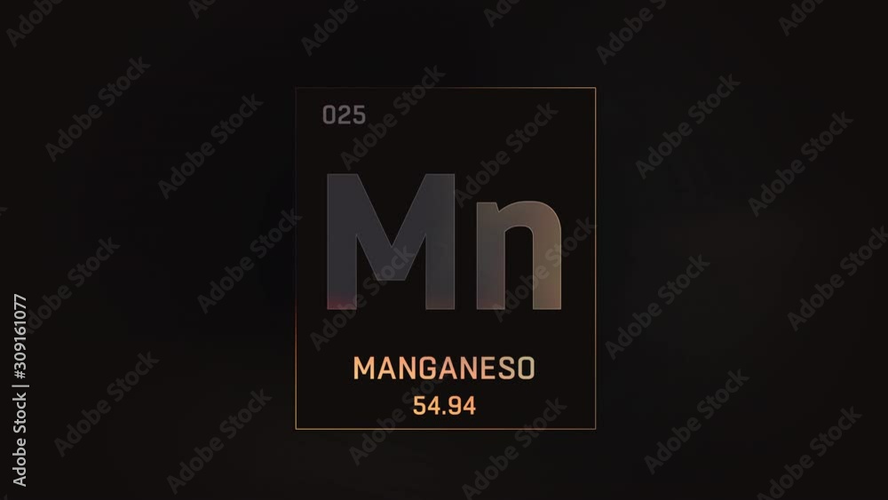 Manganese as Element 25 of the Periodic Table. Seamlessly looping 3D animation on grey illuminated atom design background with orbiting electrons. Name, atomic weight, element number in Spanish langua Manganese as Element 25 of the Periodic Table. Seamlessly looping 3D animation on grey illuminated atom design background with orbiting electrons. Name, atomic weight, element number in Spanish langua