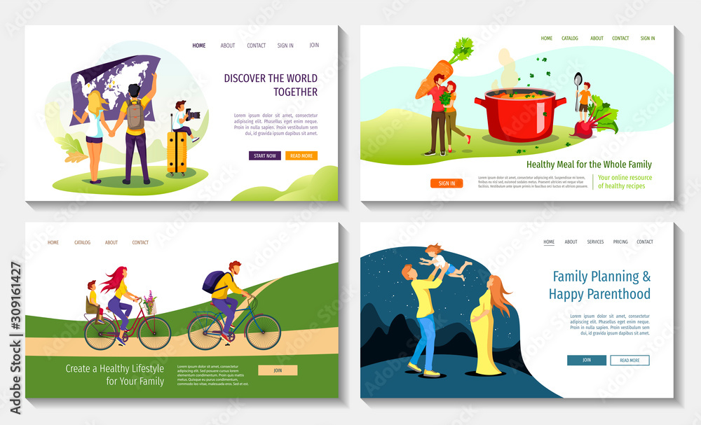 Set of web page design templates for Healthy eating, Happy family, healthy lifestyle, family planning, travel. Vector illustration in a flat style for poster, banner, website, presentati