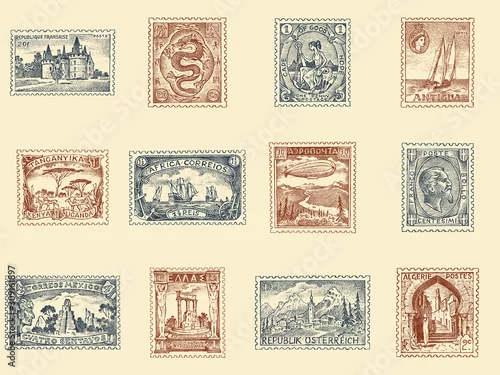Obraz Zestaw starych znaczków pocztowych. Starożytne krajobrazy, smok i żaglowiec. Retro stary szkic. Monochromatyczna Pocztówka. Ręcznie rysowane grawerowane retro znak, kolekcja ramek do drukowania banerów, plakatów i logo.