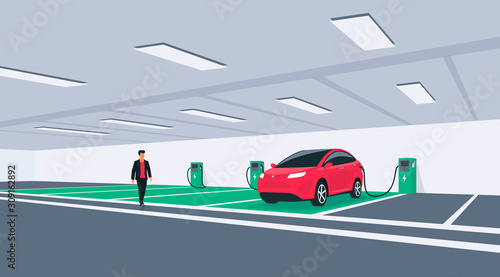 Electric car charging in underground basement garage garage on wall box charger stand. Battery vehicle standing on dedicated parking lot place connected to charging station. Vector illustration.