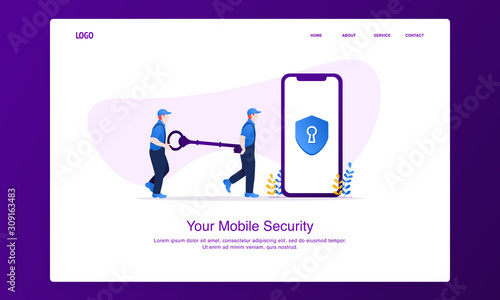 Illustration of two men carry the key to unlock mobile security . Modern flat design concept, landing page template.