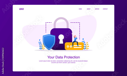 Illustration of cheerful woman sitting on the external hard disk with padlock and shield. Modern flat design security concept, landing page template.