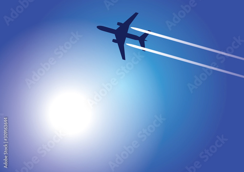 The image of aircraft flying high in the sky