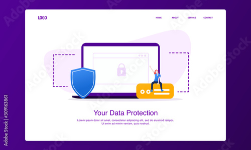 Illustration of cheerful woman sitting on the external hard disk with laptop and shield. Modern flat design security concept, landing page template.