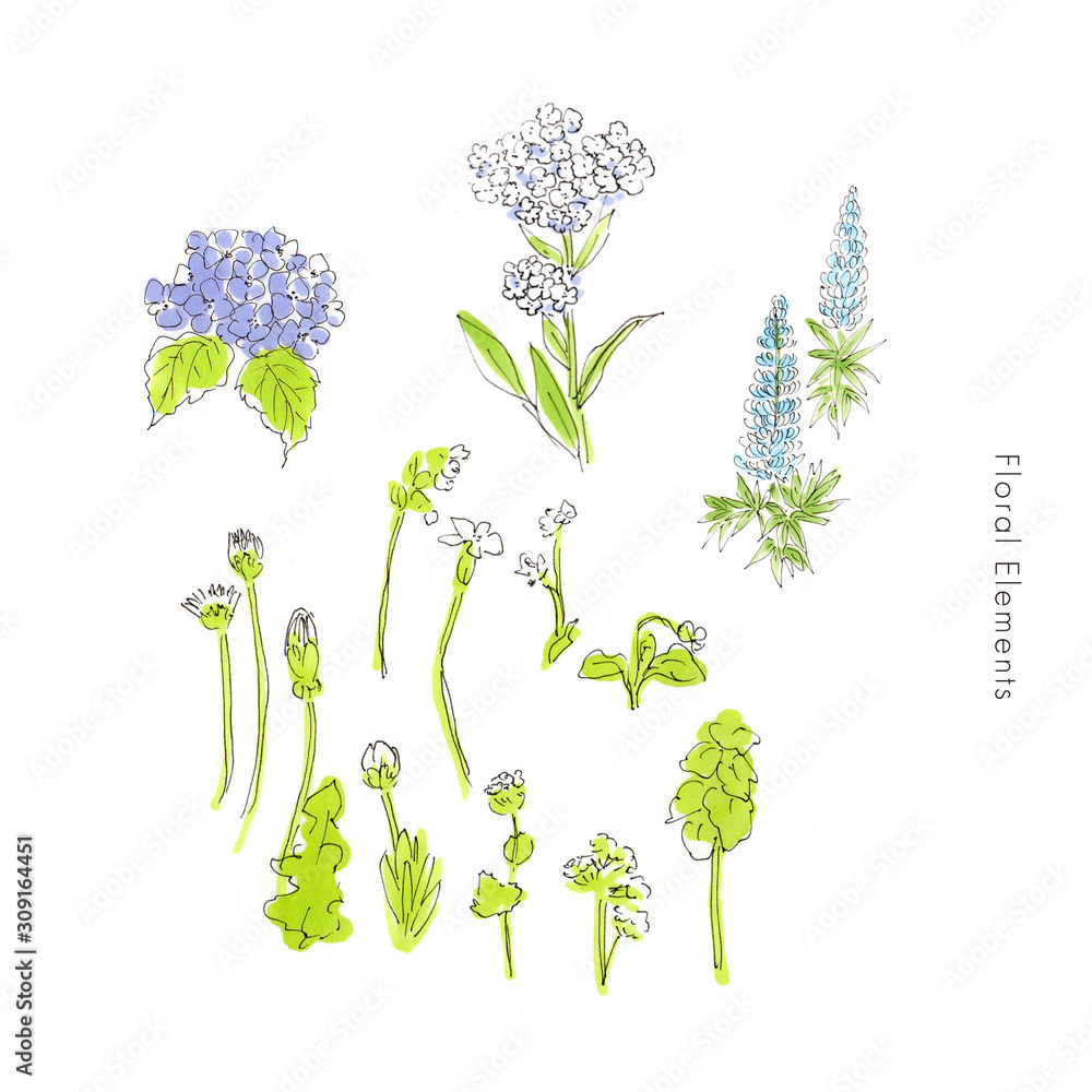 紫 青 繊細な花の手描きイラスト イラスト素材 イラストセット セット
