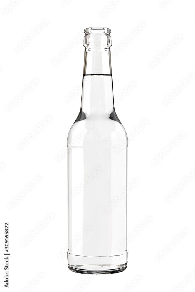 Clear White Water, Soda, Cider or Tonic Bottle. 12 oz (11 oz) or 355ml (330ml) of volume. Realistic 3D Mockup Isolated on White Background Close-Up.