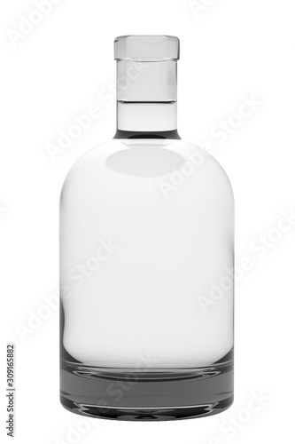 Clear White Glass Whiskey, Vodka, Gin, Rum, Ticture, Moonshine or Tequila Bottle. 17oz (16 oz) or 500 ml (50 cl, 0.5l) of volume. 3D Illustration Isolated on White Background.